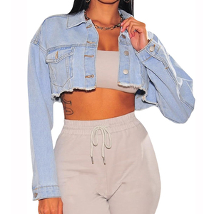 Chaqueta vaquera transpirable con botones de los fabricantes OEM, chaqueta vaquera corta con bolsillo delantero de lavado de alta calidad para mujer - Product Image 5