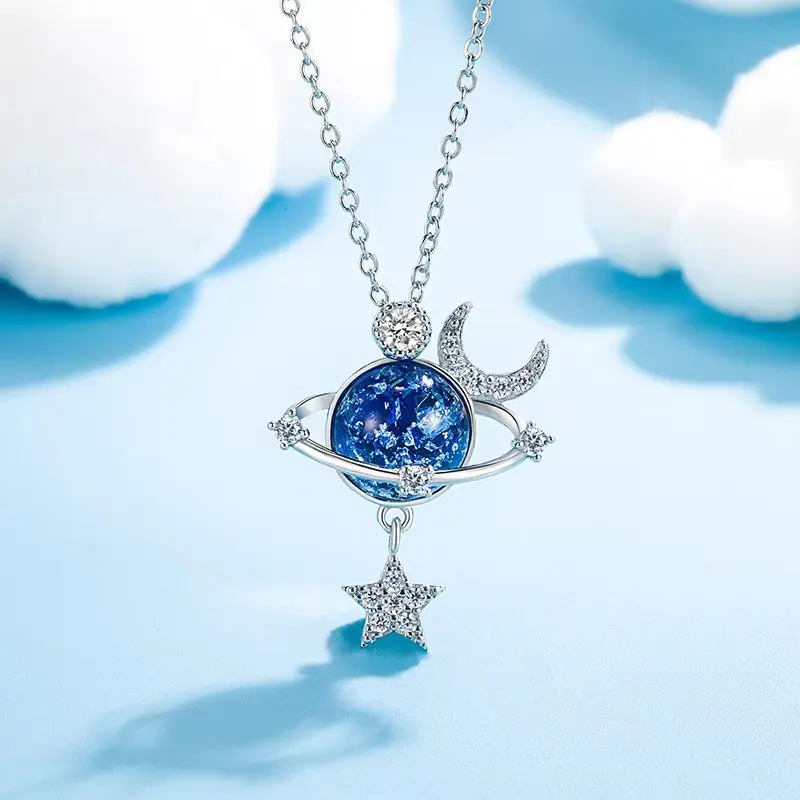 Light Luxury Star Moon Space Universe Planet Pendant Necklace New Women Star Moon Zircon Choker Necklace