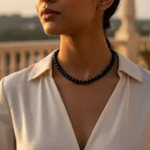 Collar de Cuentas de Ónix Negro para Mujer con Perla de Agua Dulce, Diamante y Cadena Chapada en Oro, Estilo Moderno con Cierre de Plata de Ley - Product Image 1
