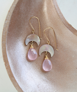 Handmade 925 Silver Gold Plated <b>Earrings</b> Natural Rose Quartz Drop MOP Crescent <b>Moon</b> Pearl Diamond Wire Wrapped Party Wedding - Product Image 3