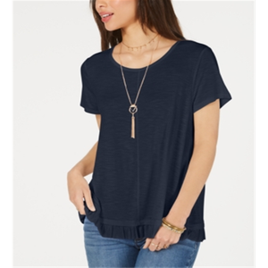 Top da donna Style Co con orlo arricciato, design floreale vintage, in cotone blu tinta unita, lavorato a maglia, vestibilità ampia casual per estate autunno, taglia Petite S - Product Image 1