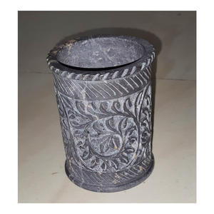 Handmade Natural Black Soapstone <b>Engraving</b> Art Work Pure Soapstone Decorative <b>Pen</b> Holder For Gifting - Product Image 1