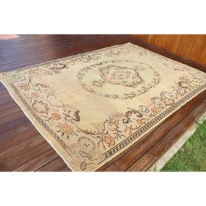 Vintage Rug, 6x8.5 ft Turkish Rug, <b>Brown</b> White Striped <b>Wool</b> Rug - Product Image 2