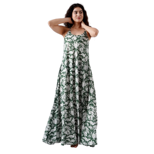 Vestido verde de rifle de algodón 100% con estampado de bloque de mano indio para mujer, vestido de boda de verano, ropa cómoda, vestido Maxi, uso diario - Product Image 1