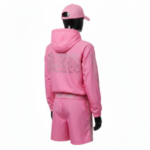 Ensemble short coupe-vent pour femme, tissu polyester doux et respirant, rose, deux pièces, logo thermocollé, ensemble short coupe-vent grande taille - Product Image 5