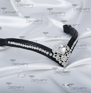 สายคาดหน้าผากม้าหนังสีดำสุดหรู ประดับคริสตัลรูปทรงหยดน้ำรูปตัววี  อุปกรณ์เสริมสำหรับบังเหียนม้า - Product Image 3