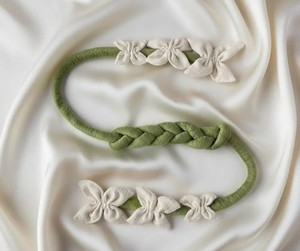 Floret Braid Handcrafted Floral Curtain <b>Tieback</b> - Sage Green Braided Drapery Holdback with Cream Fabric Flowers - Product Image 2