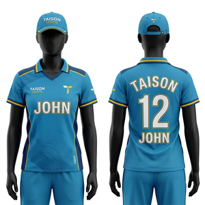 Uniforme de cricket pour hommes, 140g, polyester interlock, manches courtes, marron, bleu ciel, panneau latéral, sublimation, logo personnalisé, kit d'équipe, OEM, ODM - Product Image 5
