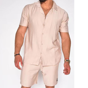 Vente chaude été respirant coupe ample hommes coton costume personnalisé couleur unie Logo personnalisé sweatshirts ensemble avec taille élastique - Product Image 6