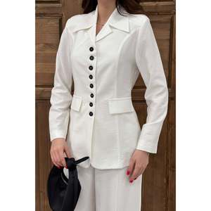 Ecru Office Lady Solid Button 2 Piece Long Jacket and Trousers <b>Set</b>-Breathable - Product Image 4