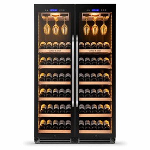 Cave à vin double zone en bois massif de chêne pour 108 bouteilles avec porte vitrée et étagères en chêne – Mobilier de maison - Product Image 2