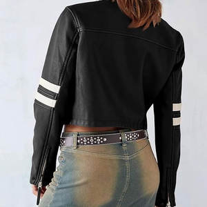 Veste en cuir d'agneau véritable de style vintage à la mode pour femmes col montant d'hiver avec logo avant et fermeture à glissière - Product Image 4