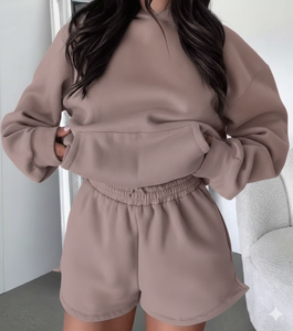 <b>Women</b> Solid 100% Cotton Modern Hoodie with <b>Shorts</b> Set Casual Relaxed Fit Two Piece Outfit for Urban Daily Comfort Wear - Product Image 6