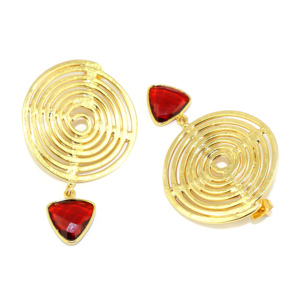 Pendientes de Moda Atemporal con Corte a Cuadros, Granate Rojo, Hidroquarzo, Forma Circular, Chapados en Oro de 22K, Metal de Latón, Venta al por Mayor para Mujer - Product Image 3