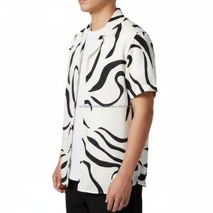 Chemise décontractée à manches courtes pour homme, imprimé abstrait tourbillonnant blanc et noir, chemise de plage d'été, col cubain, style hawaïen, respirante - Product Image 4