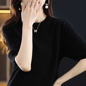 เสื้อสเวตเตอร์ขนสัตว์แขนสั้นสำหรับผู้หญิง, เสื้อสเวตเตอร์ถักแบบสวมหัวทรงหลวมเรียบง่ายสำหรับ100% ฤดูใบไม้ผลิและฤดูร้อน - Product Image 6