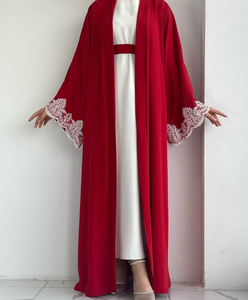 Abaya élégante ouverte sur le devant avec ceinture et belles manches brodées tissu Nida importé sur mesure prix de gros UK - Product Image 3