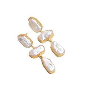 批量批发高品质宝石饰品新设计珍珠长滴3层耳环声明镀金珍珠耳环长