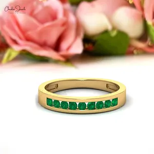 Half Eternity Band 2mm Genuine Emerald Channel Set Anillo apilable 14K Oro amarillo May Birthstone Ring Jewelry para revendedores