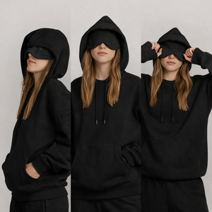 Sudadera con Capucha y Cubreojos Integrados, Estilo Urbano Personalizado, Negra, Gruesa, de Invierno, 100% Algodón, para Viajes y Descanso - Product Image 3