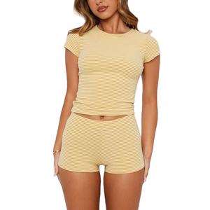 TN Nouvelle Arrivée Femmes Été Slim Fit Tshirt et Shorts Ensembles Tissu Doux Stretch Rayures et Superbe Couleur Contraste - Product Image 1