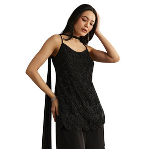 Georgette Kurta noire en gros avec coupe Dana Moti travail gland Dupatta pour la fête de mariage porter réception de fête et commande personnalisée - Product Image 2