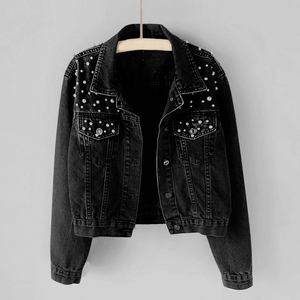 Custom Men's Long Thin Denim <b>Jackets</b> Stand Collar Front <b>Rhinestone</b> Embellishments-Breathable Outdoor Windproof High Street Style - Product Image 2