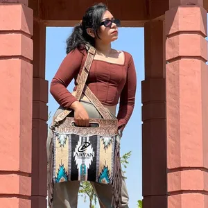 Western Pattern Hand Tooled Fringe Handbag Jacquard Leather Sling Bohemian Aztec Saddle Blanket Bags Stylish Bags For Women