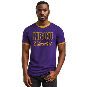 HBCU hombres educados Chenille contraste Trim Ringer camiseta púrpura con letras bordadas doradas algodón suave ropa universitaria - Product Image 1