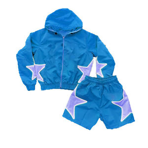 Ensemble deux pièces personnalisé pour hommes-Sweat à capuche coupe-vent à motif uni et survêtement court Combinaison de jogging pleine longueur en nylon et polyester - Product Image 3