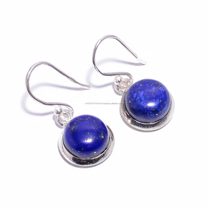 Pendientes de lapislázuli con piedras preciosas, Pendientes colgantes de plata de ley 925 con forma redonda, hechos a mano, de lapislázuli redondos - Product Image 4