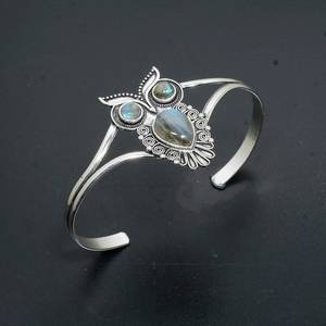 Labradorite Gemstone Handmade Cute Charm Brass Bangle Multi Stone Owl Pattern Luxury Men's Gift - Product Image 2