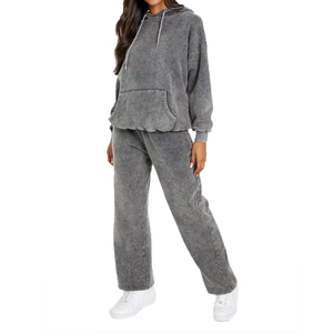 Traje de sudor de lavado ácido de talla grande para mujer 100% algodón nuevo diseño cuello embudo ropa de calle conjunto de dos piezas chándal para mujer - Product Image 1