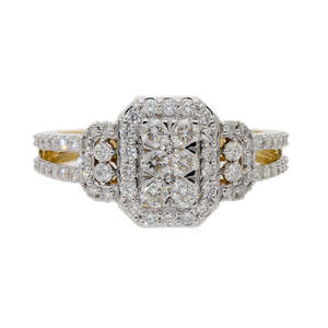 Bague Halo en or 14 carats avec diamants 0.63ctw Superbe grappe rectangulaire avec bande de diamants pavés à tige fendue - Product Image 2