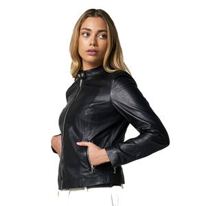 Nouvelles femmes veste en cuir PU col rabattu fermeture éclair poche courte moto dame noir mince décontracté veste à glissière - Product Image 6