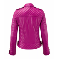 Veste de moto en cuir d'agneau véritable rose pour femmes, style motard, coupe ajustée, col montant, imperméable et respirante