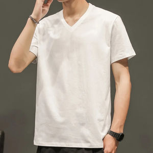 T-shirt à col en V pour homme en coton de haute qualité 2025, hauts de loisirs à manches courtes élastiques en blanc et gris, chemises de base - Product Image 1