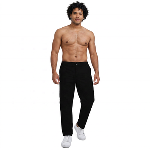 Pantalon décontracté en coton noir pour homme, taille élastique, fermeture boutonnée, coupe droite, respirant, poids moyen, idéal pour l'automne - Product Image 4