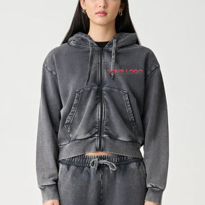 <b>Top</b> Quality Custom Made Zip Up Crop <b>Top</b> Acid washed Lightweight women's hoodies Custom <b>Distressed</b> Logo Hoodies & Sweatshirt - Product Image 3