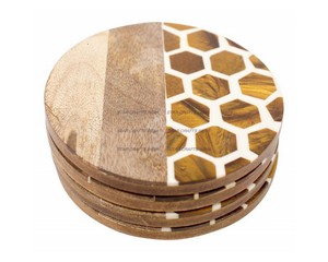 Handmade Round Tea Best <b>Coaster</b> Acacia Wood Diamond Pattern Resin Best <b>Coaster</b> | <b>Set</b> of 4 for Office & Home by STAR CRAFTS - Product Image 4