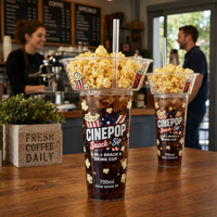 Gobelet 2-en-1 AT PACK 700ml pour collation et boisson avec paille et plateau à popcorn, en PP imprimé sur mesure pour cinéma, café, à emporter