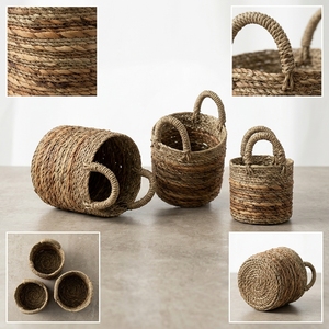 Natural Seagrass Banana Bark Basket Set Two Tone Cylinder Arch Handle <b>Planter</b> Pot Organizer Setup Pure Art Room Decor Design - Product Image 2