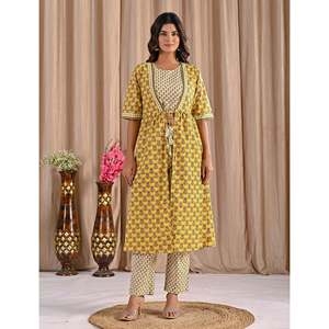 Conjunto de Dos Piezas de Algodón Estampado Amarillo, Top de Manga Corta con Cordones, Talla XS, Trajes de Oficina para la Temporada de Verano - Product Image 4