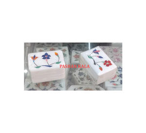 Cajas de almacenamiento de joyería de trabajo con incrustaciones de diseño de Arte de flores de colores de mezcla de mármol blanco Natural de alta calidad de fabricante y exportaciones - Product Image 1