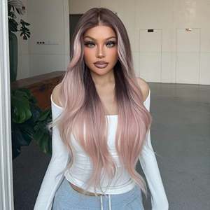 Galinda-DWY for Ombre Pink <b>Brown</b> Tresses Wavy Synthetic <b>Wig</b> Transparent Front 136 Free Part Front Free Part Ombre Pink <b>Brown</b> - Product Image 4