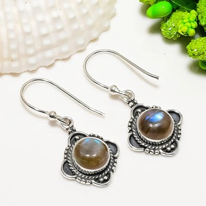 Boucles d'oreilles de style bohème plaquées en argent sterling 925 à la mode pierre précieuse Labradorite bleue lunette en pierre naturelle anniversaire - Product Image 1