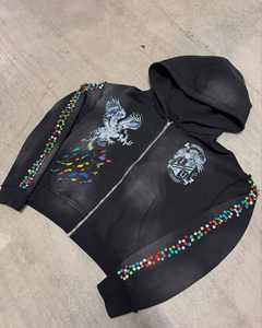 Sucio lavado personalizado Streetwear hombres Sudadera con capucha 100% algodón peso pesado Slim Fit tamaño diamantes de imitación DTG impresión de alta calidad - Product Image 5