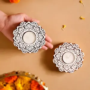 Juego de 2 portavelas de madera hechos a mano con estilo, construcción de Metal de hierro duradero, Ideal para decoración del hogar y regalos - Product Image 2