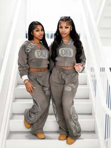 Conjunto de Sudadera con Capucha y Pantalones Deportivos de Felpa Francesa con Estampado Gráfico, Lavado Ácido, Estilo Holgado, con Cremallera, para Hombre, de Alta Calidad - Product Image 6