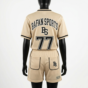 ชุดเซ็ตเสื้อยืดและกางเกงขาสั้นผ้าโพลีเอสเตอร์ระบายอากาศได้ดี พรีเมียม 155 GSM สีครีม สไตล์สปอร์ต สำหรับผู้หญิง พร้อมปักโลโก้ตามสั่ง - Product Image 2